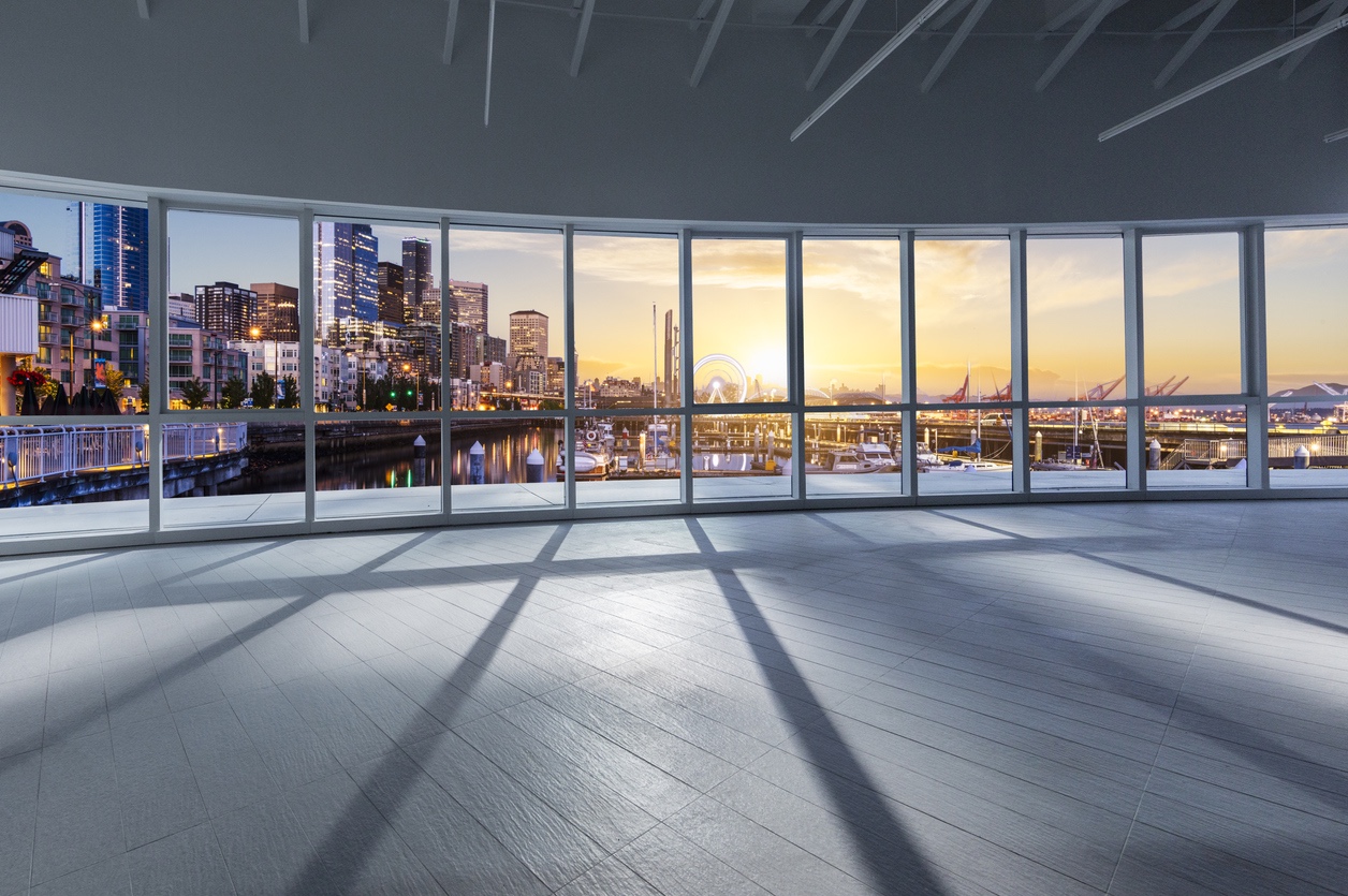 window view of Seattle sunset cityscape