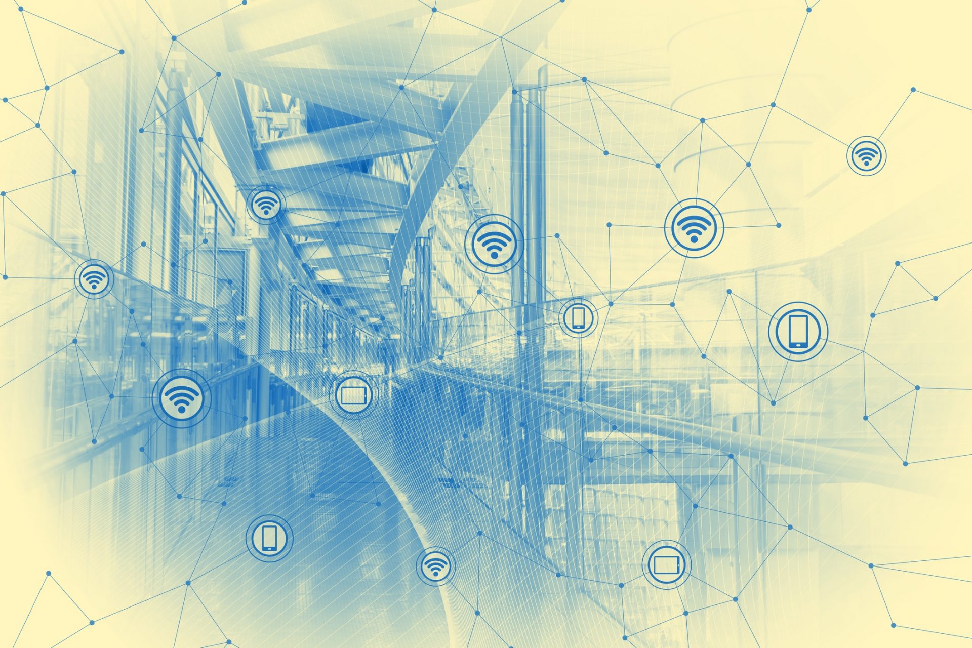 Wireless connections graphic inside an office building